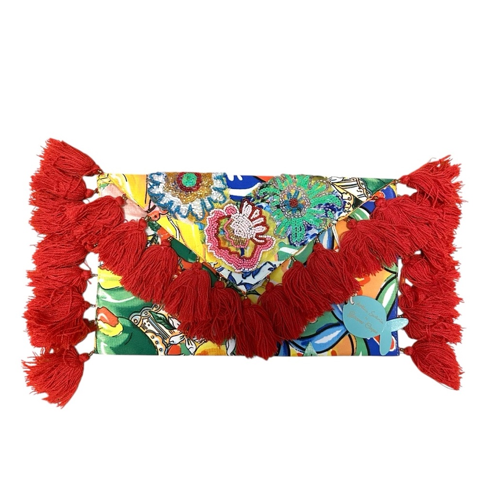 NWT Antica Sartoria by Giacomo Cinque Clutch Shoulder Bag with Red Tassels